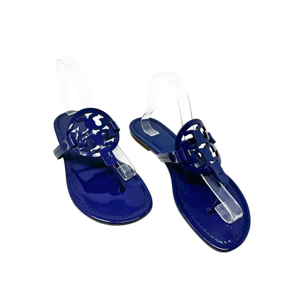 TORY BURCH Blue Metallic Miller Logo Patent Leather Sandals Size 10